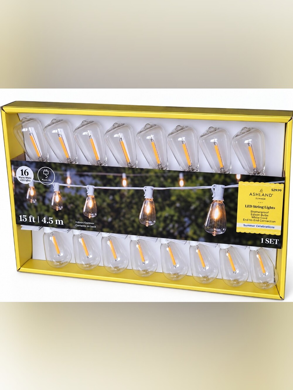 NIB Ashland Edison LED Patio String Lights Warm White 16ct Plug-in Shatterproof